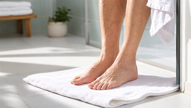 close up of elderly woman feet standing on white towel bath mat after shower in bright modern bathroom. Daily hygiene routine and senior self care concept for wellness and healthy ageing