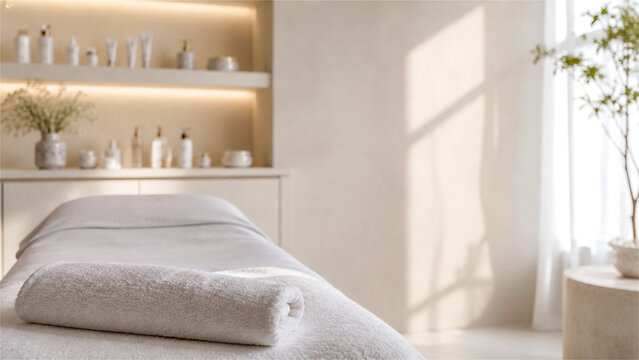 bright minimalist spa interior with massage table and rolled towel in luxury wellness center. Aesthetic clinic shelf with skincare product for beauty therapy and relaxation concept