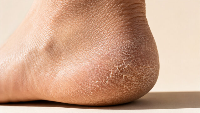 close-up of dry cracked heel with rough flaky skin texture. Foot care and dermatology problem, health and hygiene concept for medical treatment and moisturizing care