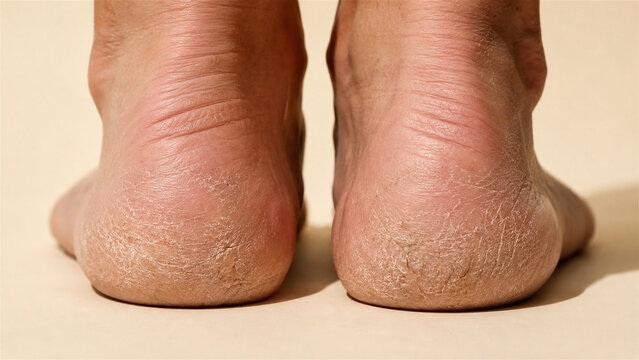 close up of dry cracked heels on human feet. Rough flaky skin with callus and fissure. Dermatology and foot care concept for treatment, moisturizing and hygiene problem