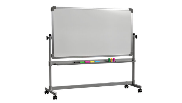 Mobile double-sided whiteboard with markers and tray, isolated on transparent background