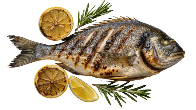 Whole grilled sea bream with charred lemon slices and rosemary sprigs, isolated on transparent background