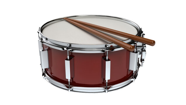 Red snare drum with wooden drumsticks, isolated on transparent background