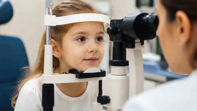 Young Girl Having Professional Eye Examination with Slit Lamp at Ophthalmology Clinic