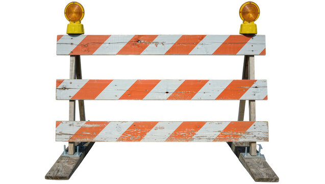 Wooden construction barrier with orange and white stripes warning lights, isolated on transparent background