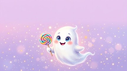 Obraz premium Cute Cartoon Ghost Holding a Colorful Swirl Lollipop on Pastel Purple Sparkly Background