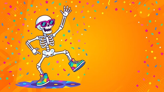 Cartoon dancing skeleton wearing sunglasses and colorful sneakers on bright orange confetti background