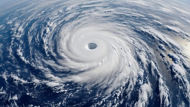 Giant hurricane cyclone swirling violently over the ocean from space view