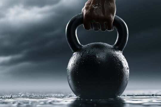 Strong hand gripping a wet kettlebell on reflective surface with dark stormy sky background symbolizing determination and strength training