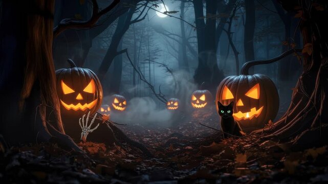 Spooky halloween forest scene with jackolanterns