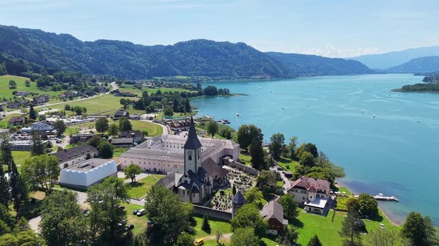Ossiach and Lake Ossiach with Ossiach Abbey in Carinthia, Austria