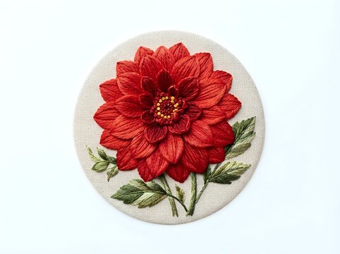 Vibrant red dahlia embroidered on cream circular fabric patch
