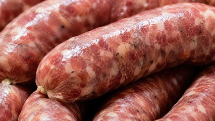 Fototapeta premium Close Up of Fresh Raw Homemade Pork Sausages With Herbs and Spices