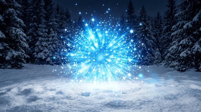 Blue Light Explosion with Glittering Stars and Sparkles on Snow Covered Winter Ground light explosion snow blue glittering stars sparkles winter background festive flash burst magic glowing night