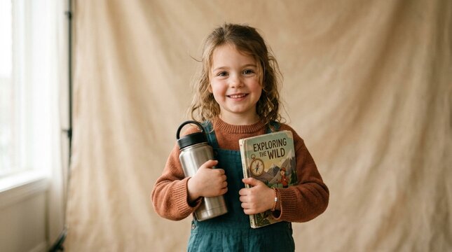 Smiling young girl in studio hugging adventure book titled Exploring the Wild and silver water bottle, cozy beige backdrop, candid portrait of curious child reader embracing imaginative outdoor