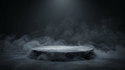 Naklejka premium Dark empty concrete podium table platform with mystery dramatic smoke mist effect podium platform table concrete gray texture dark smoke mist haze studio backdrop background product display showcase