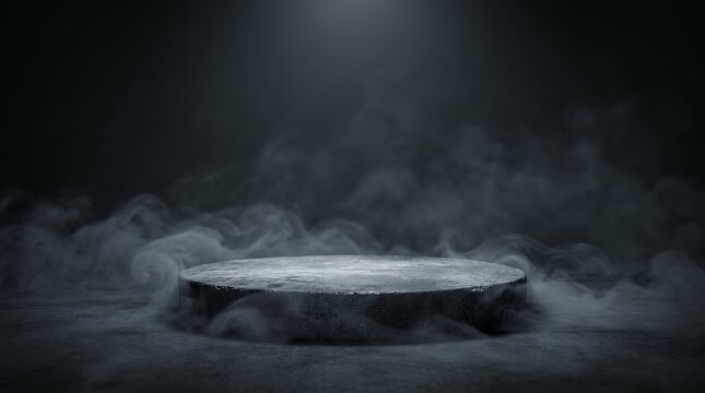 Dark empty concrete podium table platform with mystery dramatic smoke mist effect podium platform table concrete gray texture dark smoke mist haze studio backdrop background product display showcase