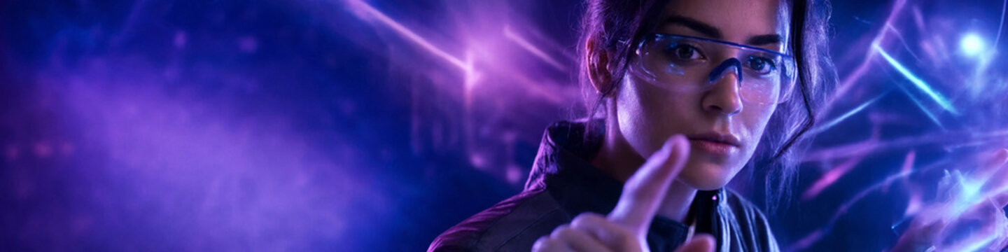 Futuristic woman in smart glasses touching virtual screen interface background
