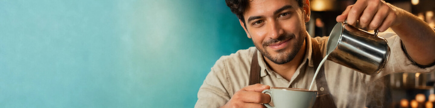 Friendly male barista pouring steamed milk into coffee cup smiling at camera
