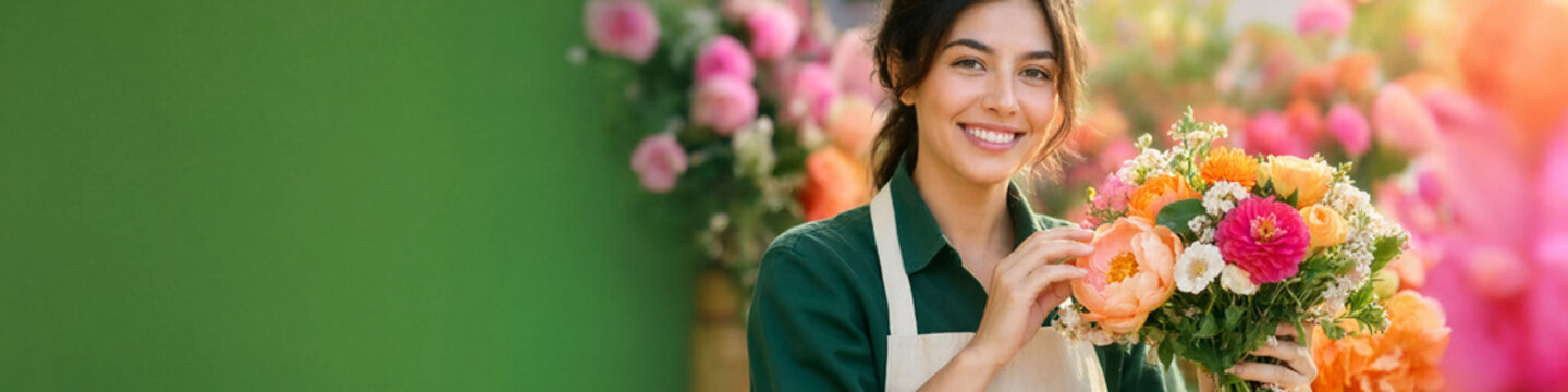 Smiling female florist holding colorful flower bouquet in shop with copy space