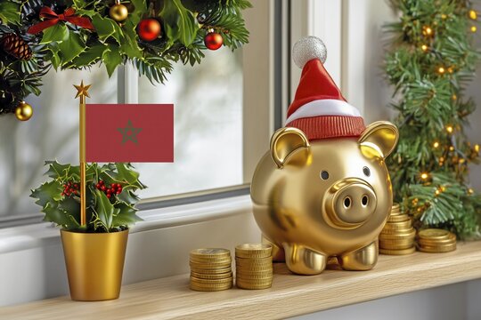 Flag of Morocco on a potted holly plant and golden piggy bank with hat and coins, sorrounded by festive decorations during Christmas holiday season.Business, finance and economy concept, AI generated