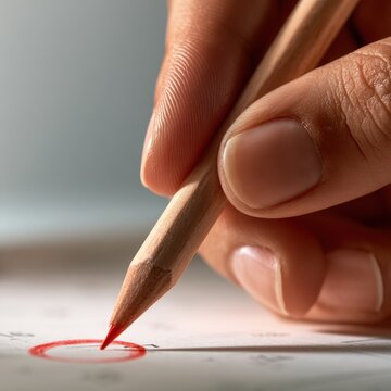 Hand holding wooden red colored pencil marking a circle on a paper sheet with soft blurred background in natural light