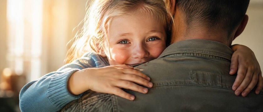 Smiling young daughter hugging her military father at home in warm sunlight during an emotional family reunion after deployment