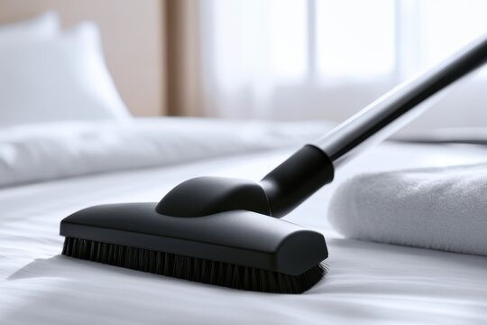 Household vacuum cleaner head gently cleaning a bed sheet in a bright and cozy bedroom setting with soft natural light illuminating the scene