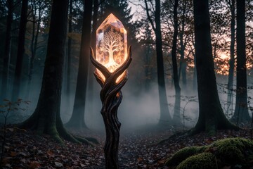 Fototapeta premium Glowing crystal staff with tree design rests in misty forest. Enchanting light emanates from magical object amidst twilight trees and fog. Mystical atmosphere in dark woods.