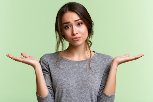 Young confused woman shrugging with raised hands and uncertain expression against soft green background in casual outfit