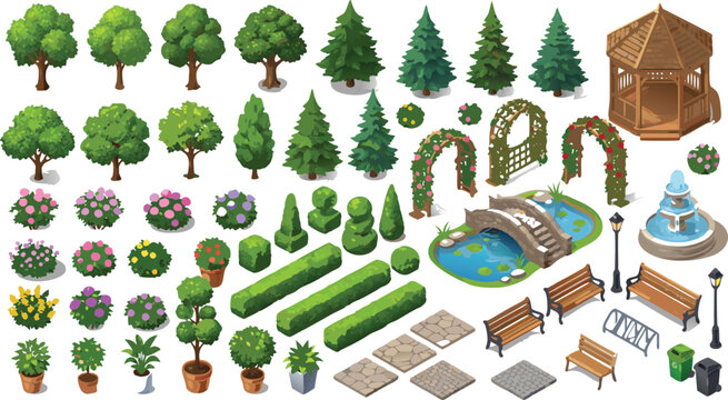 Isometric garden park elements set with trees bushes benches fountain and stone paths for landscape design