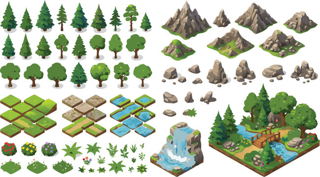 Isometric nature landscape elements set with trees mountains rocks and water tiles for game design