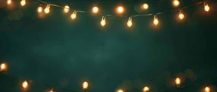 Warm string lights create glowing bokeh against dark teal backdrop