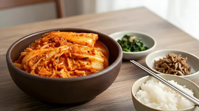 Delicious homemade kimchi and rice served with traditional Korean banchan side dishes in a rustic setting