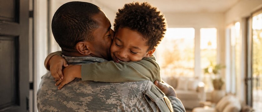 Military father in camouflage uniform kissing and hugging his smiling young son at home during an emotional reunion after returning from deployment