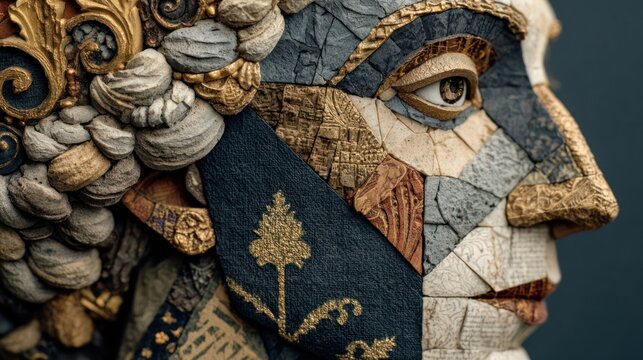 Close-up of a mosaic portrait in profile, incorporating intricate textures and patterns