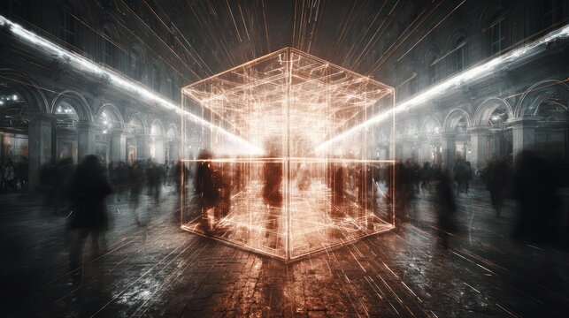 Conceptual artwork of a glowing cube in a city square, surrounded by blurred crowds