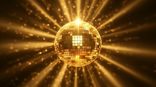 A sparkling golden disco ball illuminates a dark space, radiating brilliant light beams and shimmering particles, perfect for festive celebrations and vibrant party backgrounds.