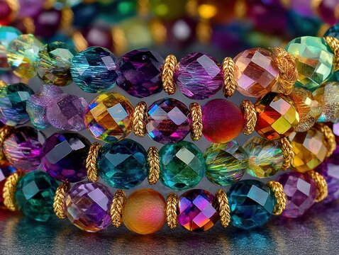 Close-up of three multicolored beaded bracelets, with glittering facets and ornate gold links