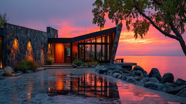 Luxury Modern Villa Overlooking Ocean at Sunset.
