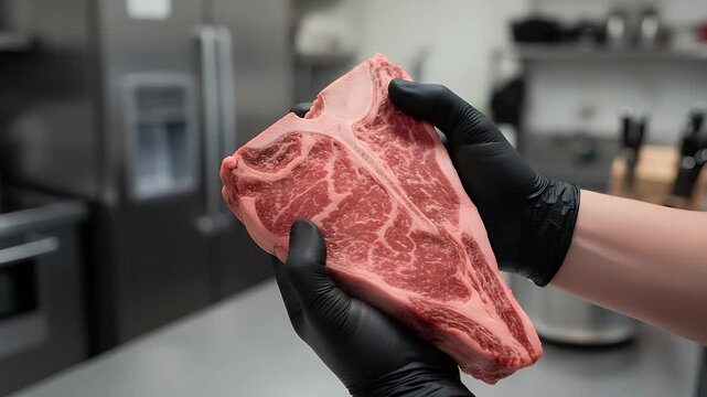 A chef's gloved hands carefully display a premium raw t-bone steak, showcasing its marbling and freshness in a professional kitchen environment, ready for culinary preparation.