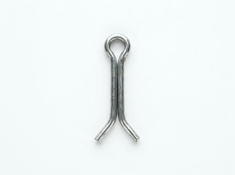 Metal cotter pin with looped head and split prongs on white
