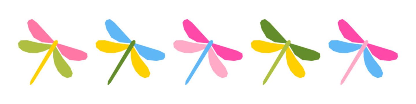 Colorful paper cut dragonfly collection with playful handmade shapes for scrapbook, collage, journaling, cards, posters, crafts and creative botanical design.