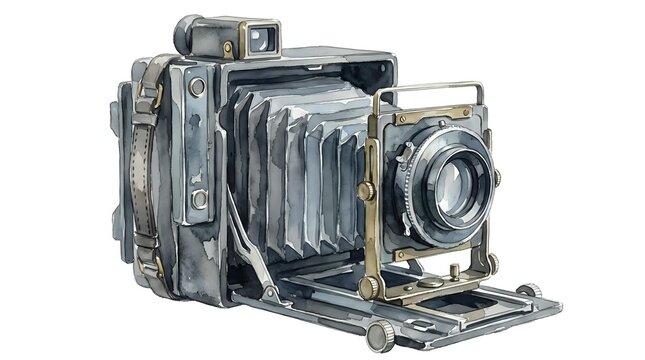 Watercolor illustration of vintage folding camera with bellows, great