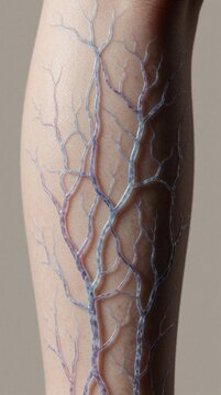 Macro shot of human leg showing visible blue varicose veins and capillaries under skin surface. Illustrates vascular health issues, circulation problems, and aging skin.