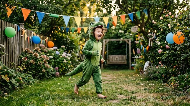 A happy young boy wearing a green dinosaur costume runs through a decorated garden backyard with decorated colorful bunting child dinosaur onesie