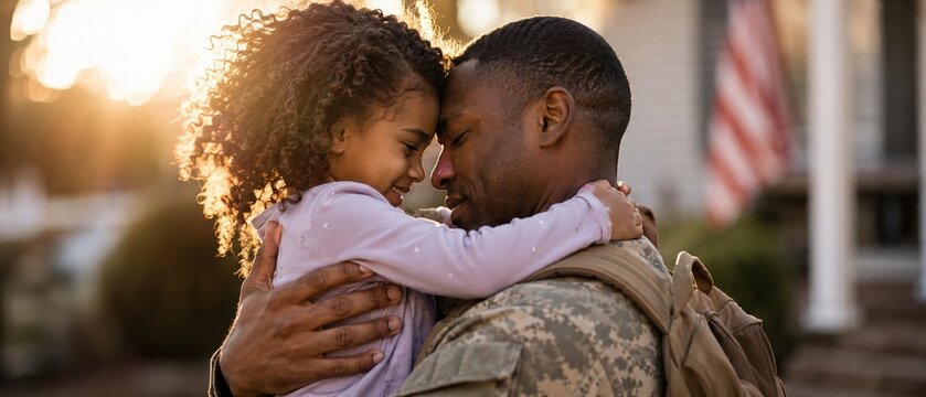 military father in camouflage uniform holding and hugging his young daughter outside family home at golden hour with american flag during emotional reunion