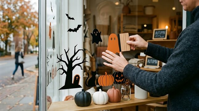 Person applying halloween decorative ghost stickers to a storefront window during the autumn season with store window decorated decorated fall holiday