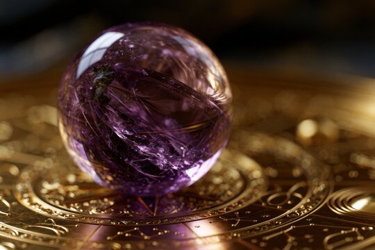 Shimmering purple crystal sphere resting on an intricately detailed golden mystical board with magical symbols and patterns in soft warm light