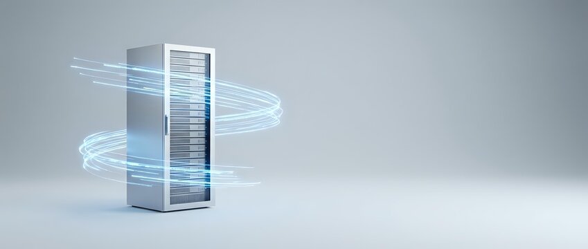 Server tower with glowing blue digital data streams circling around